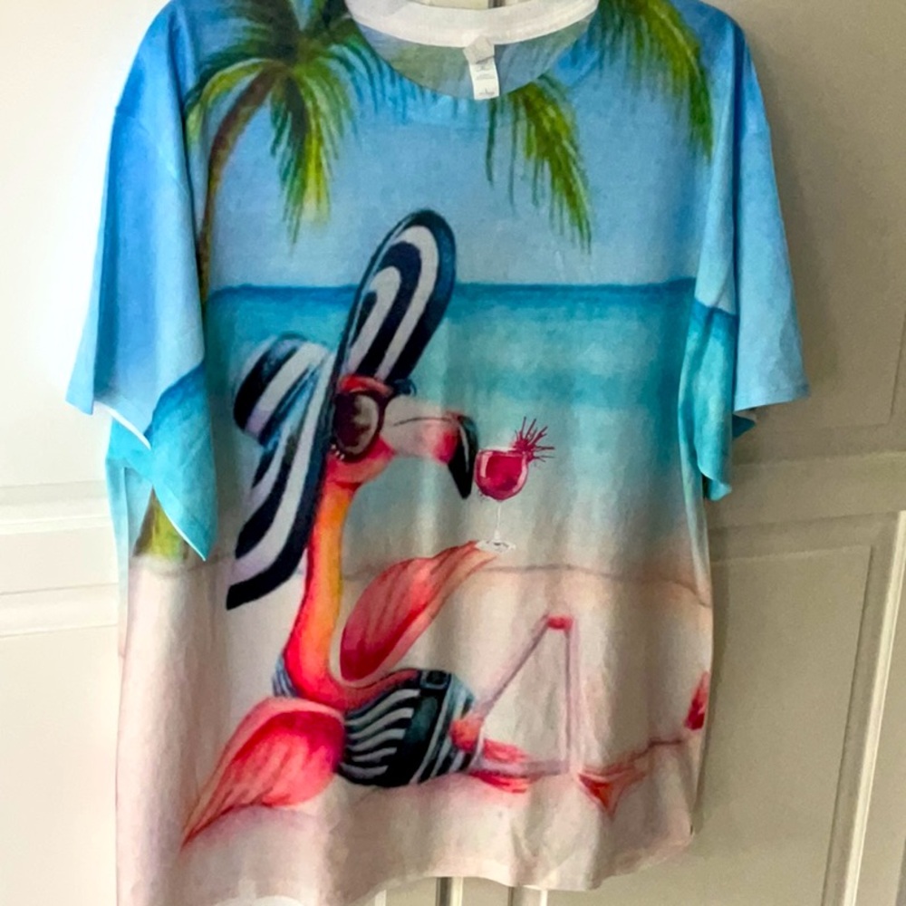 Jerzees Tropical Flamingo Short Sleeve Tee in Blue, Pink, Black
